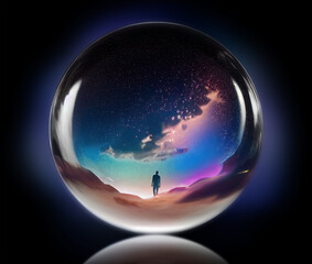 A dreamy concept art. Abstract man walking into the universe. Glowing crystal ball.