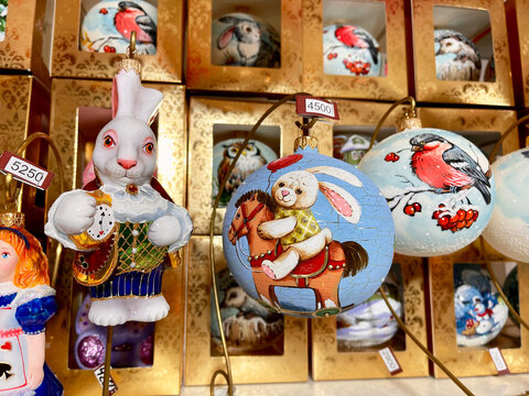 Moscow, Russia, December, 04, 2022. New Year's toys in the central store "Detsky Mir" on Lubyanka street. Moscow
