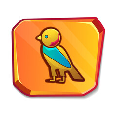 Cartoon stone board or blank clay tablet with golden egyptian bird. Culture religious sacred old symbol. Ancient object for graphical user interface, game design isolated on white background.