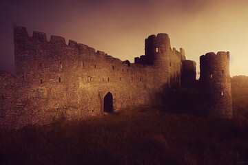 Fantasy medieval castle ruins. Beautiful landscape. Ancient stone walls. Brick stone tower. 