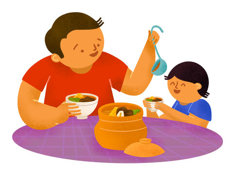 Filipino dad and son sharing bulalo in palayok