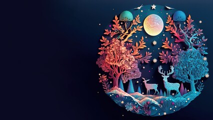 Christmas forest with deer, everything seems to be made of paper. There is a place for your inscription. Horizontal gift card.