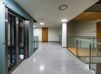 Modern interior of entrance in luxury residential building. Wooden door. Elevator.