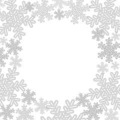 Vector illustration. Gray snowflakes on a white background with a place for writing. Background, pattern, concept of New Year holidays, Christmas