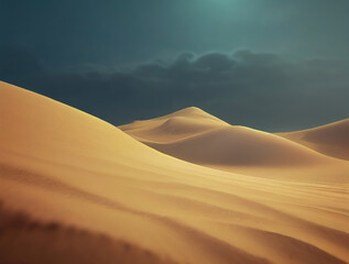 Fototapeta na wymiar Fantasy desert sand dunes landscape. Blue sunrise sky. Hot mars landscape. Alien sci-fi barren region.