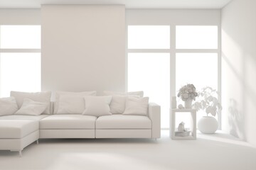 White minimalist living room with sofa. Scandinavian interior design. 3D illustration