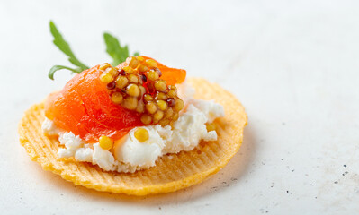 Close up of a finger food size sandwich with smoked salmon, white background 