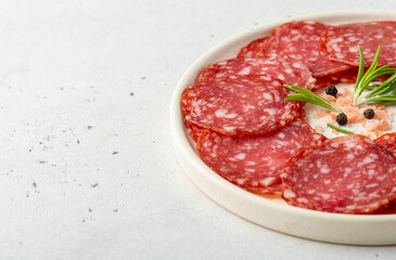 Close up of a round plate with slices salami sausage, white background and copy space