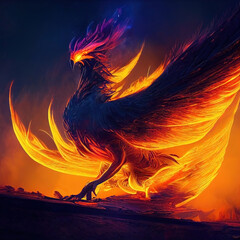 Phoenix raising from the ashes. An epic fiery bird glowing in the dark background night sky. 