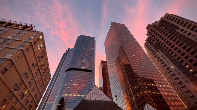 LOS ANGELES, CA, NOV 2022: looking up at skyscrapers in Downtown financial district at sunset, with pink and purple sky overhead