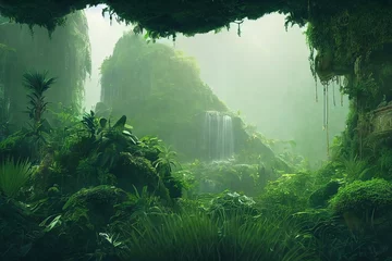 Photo sur Plexiglas Lieu de culte Une jungle amazonienne luxuriante avec des ruines de temples mayas en pierre. Paysage forestier fantastique avec des arbres verts et des buissons.