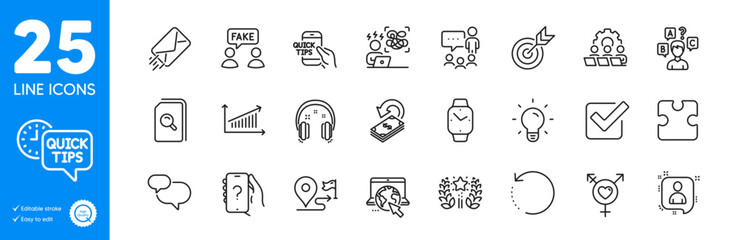 Outline icons set. Recovery data, Search files and Chat message icons. Difficult stress, Internet, Developers chat web elements. Ranking, Journey, Ask question signs. Genders, Smartwatch. Vector