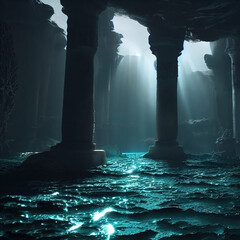 Lost city of Atlantis. Ancient city ruins. Water, ocean, sea ruins. Collection 