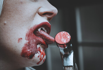 close up of a mouth with a lollipop