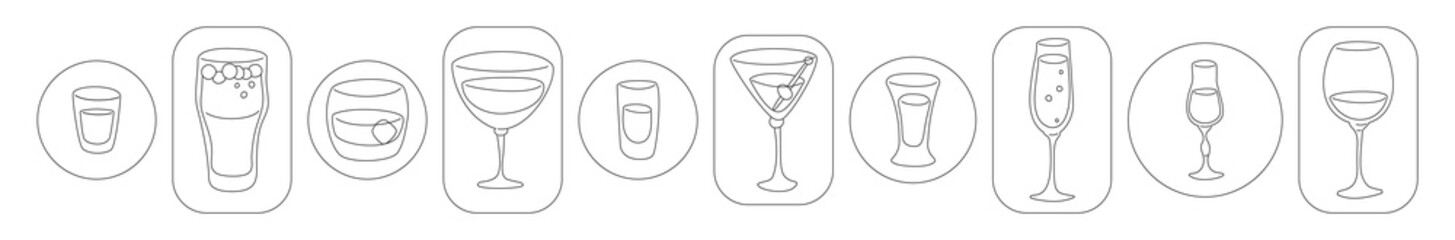 Vodka beer whiskey vermouth rum martini tequila champagne liquor wine wineglass in thin lines. Cartoon sketch graphic design. Doodle style. Black white hand drawn image. Party drink. Freehand drawing.