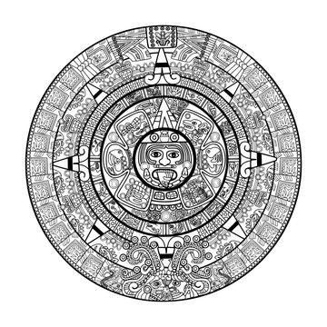 Mayan or Aztec Calendar Illustration with Tribal Mask &ndash; Ancient Vector Art