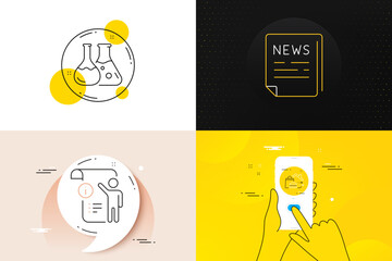 Minimal set of Fake news, Chemistry lab and Manual doc line icons. Phone screen, Quote banners. Food delivery icons. For web development. Wrong information, Laboratory, Project info. Vector
