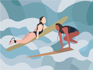 Two women in swimsuits are surfing in the ocean. Surfers on the beach with surfboards.