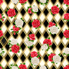 Wonderland seamless pattern. red and white roses on chess checkered background. Texture for fabric, wrapping, wallpaper. Decorative print. Vector illustration