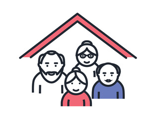 Color large family icon. Grandfather, grandmother and their adult children under roof of house. Comfort and coziness, good relations. Poster or banner for website. Cartoon flat vector illustration