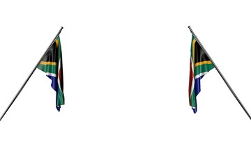 pretty two South Africa flags hanging on in corner poles from two sides isolated on white - any feast flag 3d illustration..