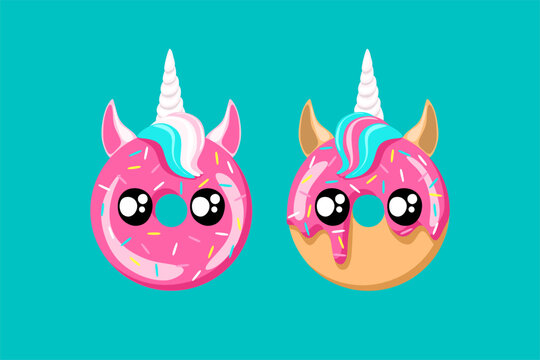 cute unicorn donuts with pink glaze on blue background