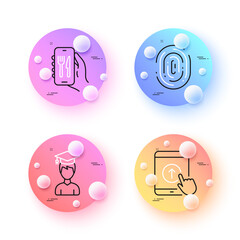Fingerprint, Swipe up and Restaurant app minimal line icons. 3d spheres or balls buttons. Student icons. For web, application, printing. Biometric scan, Scrolling screen, Smartphone food. Vector