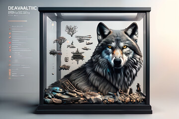 photorealistic wolf in a sci-fi/knolling case - AI Generated