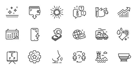 Outline set of Blood donation, Lighthouse and Washing hands line icons for web application. Talk, information, delivery truck outline icon. Include Settings gear, Cashback, Coronavirus icons. Vector