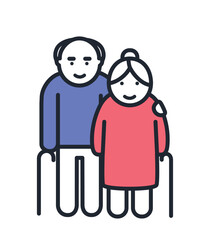 Color aged couple icon. Grandfather and grandmother with sticks in hands and hug. Romantic date and love. Minimalist logotype and branding. Feelings and emotions. Cartoon flat vector illustration