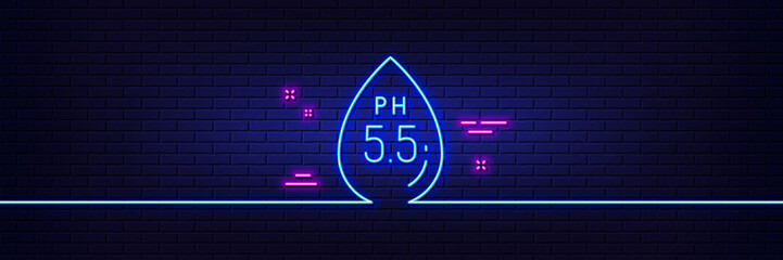 Neon light glow effect. Ph neutral line icon. Clinically tested sign. Water drop symbol. 3d line neon glow icon. Brick wall banner. Ph neutral outline. Vector