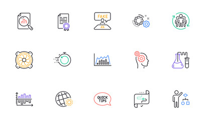 Fototapeta premium Gears, Quickstart guide and Chemistry lab line icons for website, printing. Collection of Teamwork, Analytics graph, Algorithm icons. Fast recovery, Target path, Computer fan web elements. Vector