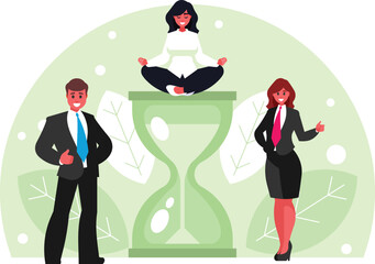 Break time. Standing businessman and businesswoman on the background with Hourglass. Woman sits in the lotus position on a hourglass.