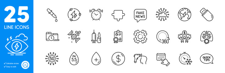 Outline icons set. Medical vaccination, Cloud network and Puzzle icons. Oil serum, Stress, Dollar money web elements. Green electricity, Quickstart guide, Sharing economy signs. Vector