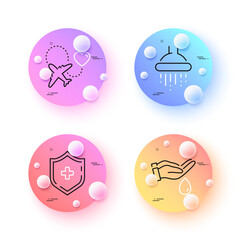 Honeymoon travel, Shower and Wash hands minimal line icons. 3d spheres or balls buttons. Medical shield icons. For web, application, printing. Love trip, Bathroom, Skin care. Vector