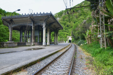 Fototapeta na wymiar Scenic view of the abandoned station and railway. Railway station Pysyrtsha.