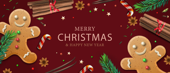 Christmas celebration with traditional gingerbread man cookies, spices and holiday decor