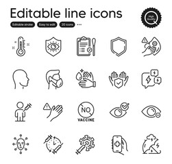 Set of Medical outline icons. Contains icons as Stress, No vaccine and Health app elements. Insurance hand, Check eye, Nasal test web signs. Myopia, Head, Dirty mask elements. Vector