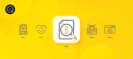 Loyalty card, Accounting checklist and Smile face minimal line icons. Yellow abstract background. Video content, Search icons. For web, application, printing. Vector