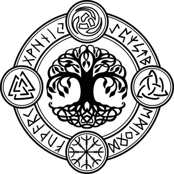 Yggdrasil, the tree of life. Vikings symbol Odin,with futhark runes , YGGDRASIL PAGAN SYMBOLS AND NORSE RUNES