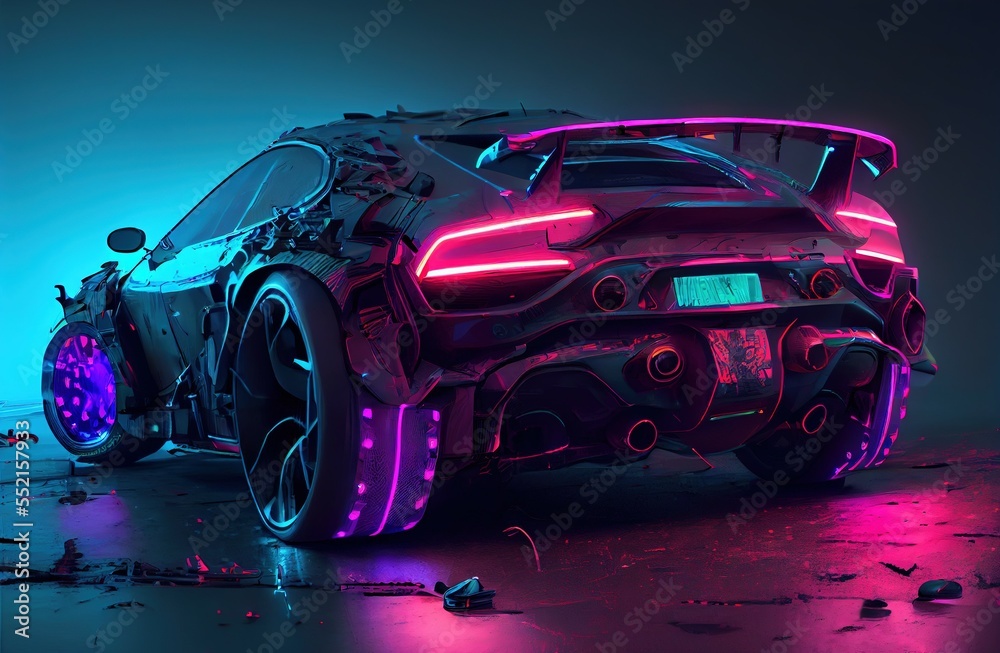 Wall mural Cyberpunk Futuristic retro wave synth wave car, Retro sports car with neon backlight contours, generative ai