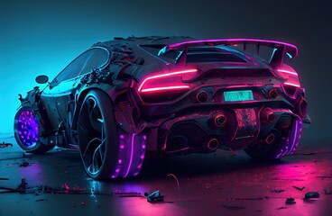 Cyberpunk Futuristic retro wave synth wave car, Retro sports car with neon backlight contours, generative ai