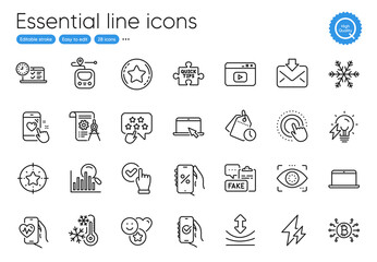 Quick tips, Bitcoin system and Freezing line icons. Collection of Online test, Video content, Cardio training icons. Checkbox, Smile, Search web elements. Electricity, Metro, Divider document. Vector