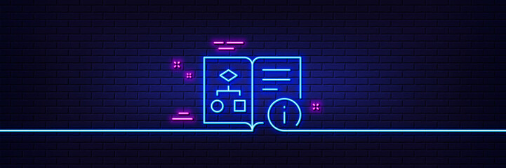 Neon light glow effect. Technical algorithm line icon. Project documentation sign. 3d line neon glow icon. Brick wall banner. Technical algorithm outline. Vector