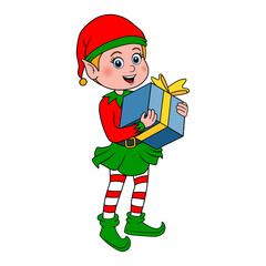 Little elf. Christmas elf holds gift box with ribbon and bow. Cute cartoon Santa Claus helper elf in costume and hat as symbol New Year and Christmas. Smiling character gnome is carrying a gifts.