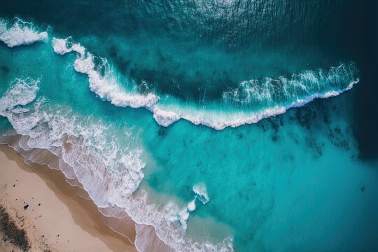 A stunning aerial shot of turquoise waters and a sandy beach, captured by a drone. The photograph showcases the beauty of the ocean and the beach, and offers a unique perspective on these natural wond