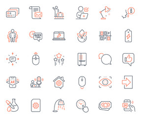 Technology icons set. Included icon as Mail letter, Luggage belt and Online voting web elements. Table lamp, Like, Swipe up icons. Work home, Chemistry experiment, 24h service web signs. Vector