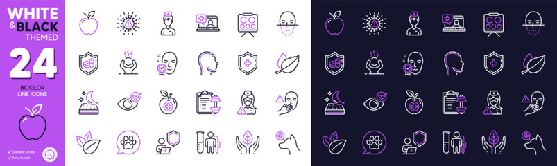 Doctor, Dumbbell and Veterinary clinic line icons for website, printing. Collection of Vision board, Medical shield, Medical food icons. Pets care, Organic product, Shield web elements. Vector