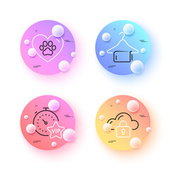 Cloud protection, Pets care and Clean towel minimal line icons. 3d spheres or balls buttons. Vip timer icons. For web, application, printing. Storage security, Love animals, Laundry hanger. Vector