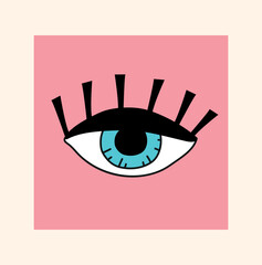Doodle eye in pink square. Fashion, trend and style. Back in 1980s and 1990s. Poster or banner for website. Graphic element for printing on fabric. Hallucinations. Cartoon flat vector illustration